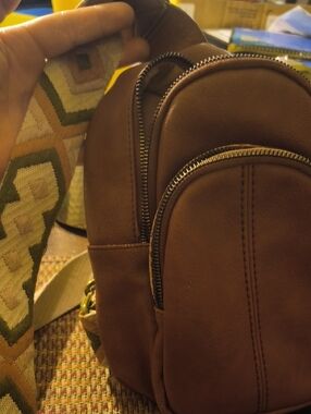 Sonoma Brown Faux Leather Mini Backpack with Patterned Strap